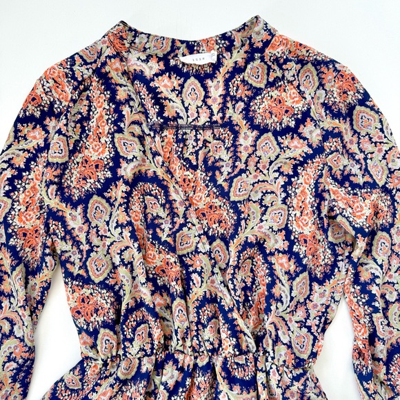 Lush Womens Navy Peach Paisley Print Wrap Mini Dress Flare 3/4 Sleeve Size Small - Picture 3 of 13